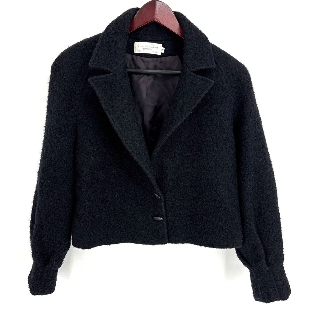 Vintage 1980s Black Christian Dior Women's Cropped Boiled‎ Wool Blazer Size 12 - Picture 2 of 11